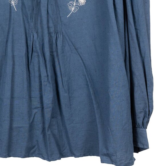 Y2K Embroidered Tunic Blouse M Linen Floral Pleated Button 90s Boho Layering Top - Picture 4 of 6